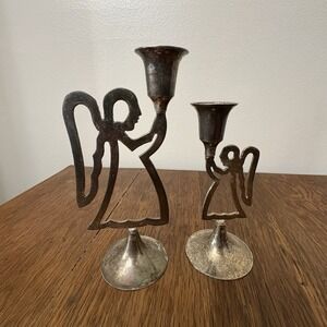 Silver-Plated Angel Candlestick Holders Set 2 India Vintage  Patina  Christmas